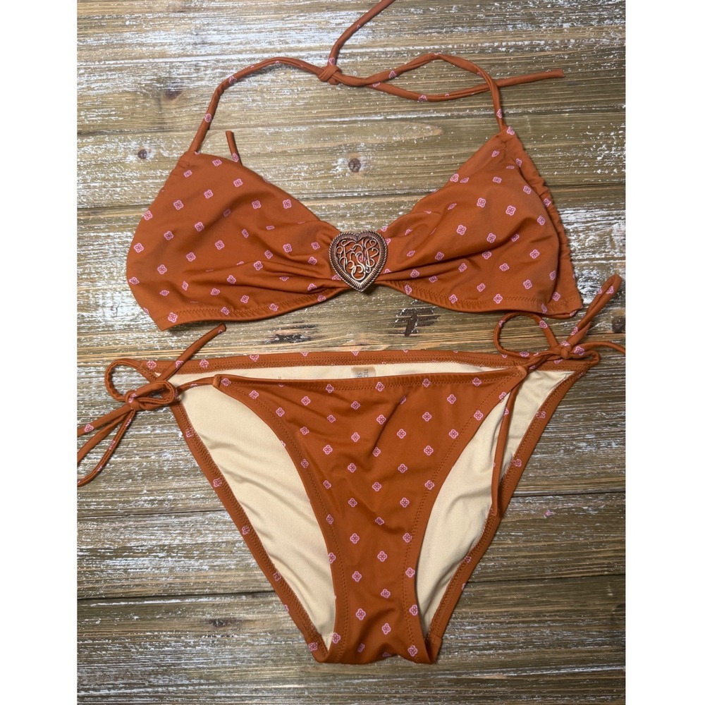 Victoria's Secret Bikini Set Y2K Rust Orange Pink Floral Heart Halter Side Tie M